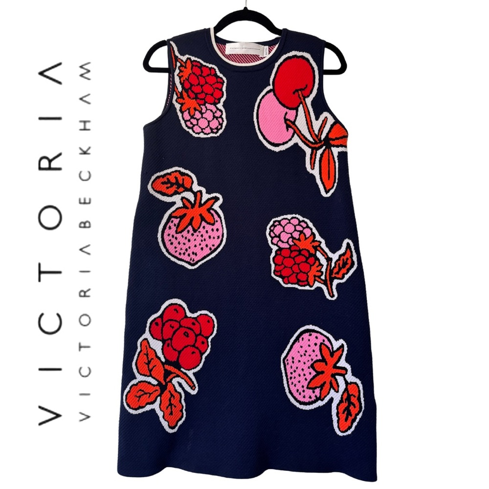 Victoria Beckham Navy Mini Dress with Pink & Red Fruit Appliqués